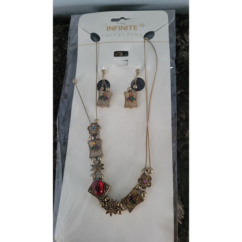 Vintage Infinite Collection Necklace Earrings Set NOS Made in Korea Gold Tone